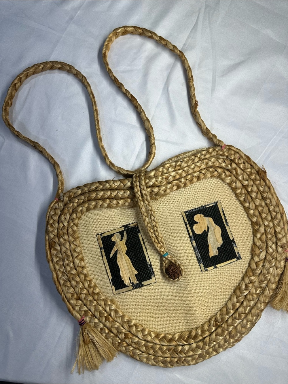 Vintage 70s Handmade Woven Straw Burlap Tote Bag Boho Folk Art